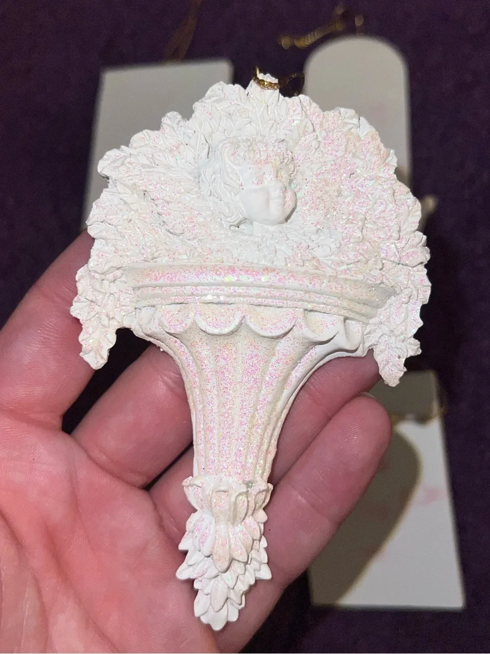 Vintage Baroque Ceramic Cherub Angel Holiday Christmas Ornaments White Glitter
